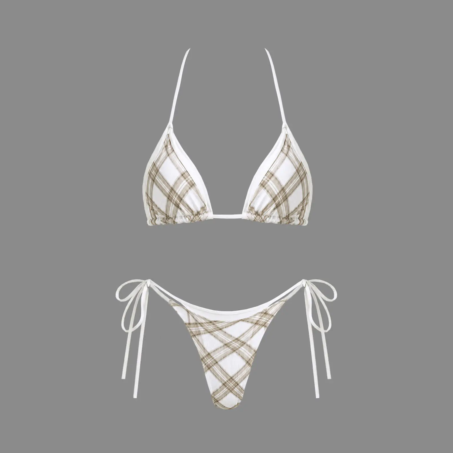 2026 classic plaid print women’s halter two-piece swimsuit set, fashionable tie low-rise women’s micro bikini two-piece, holiday casual beachwear, pool party outfit, hot spring clothing