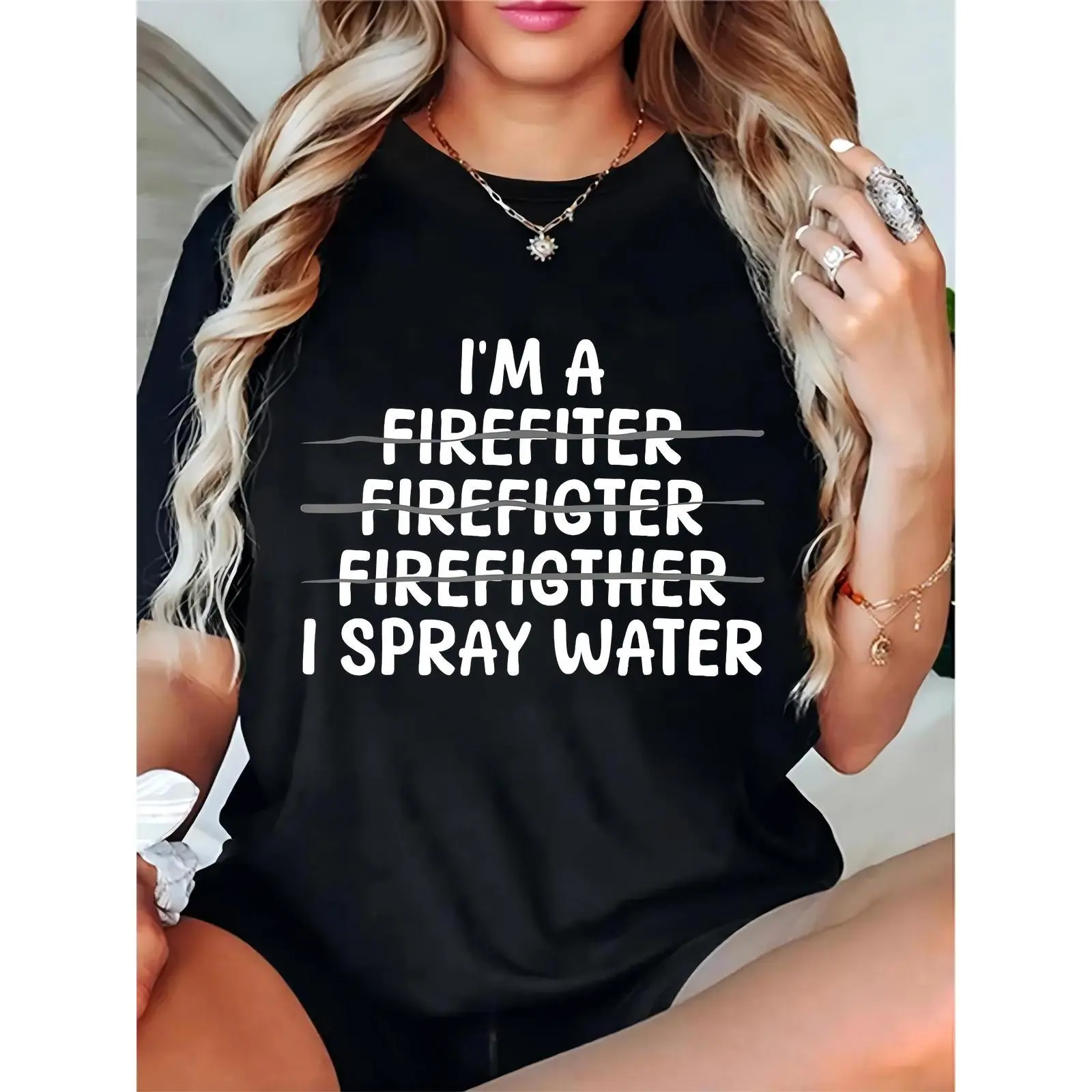 Women’s Funny Firefighter T - Shirt, Humorous Crossed - Out Misspelled “Firefighter” & “I Spray Water” Quote, Casual Crewneck Top for Firefighter Supporters, Gift for Firefighters