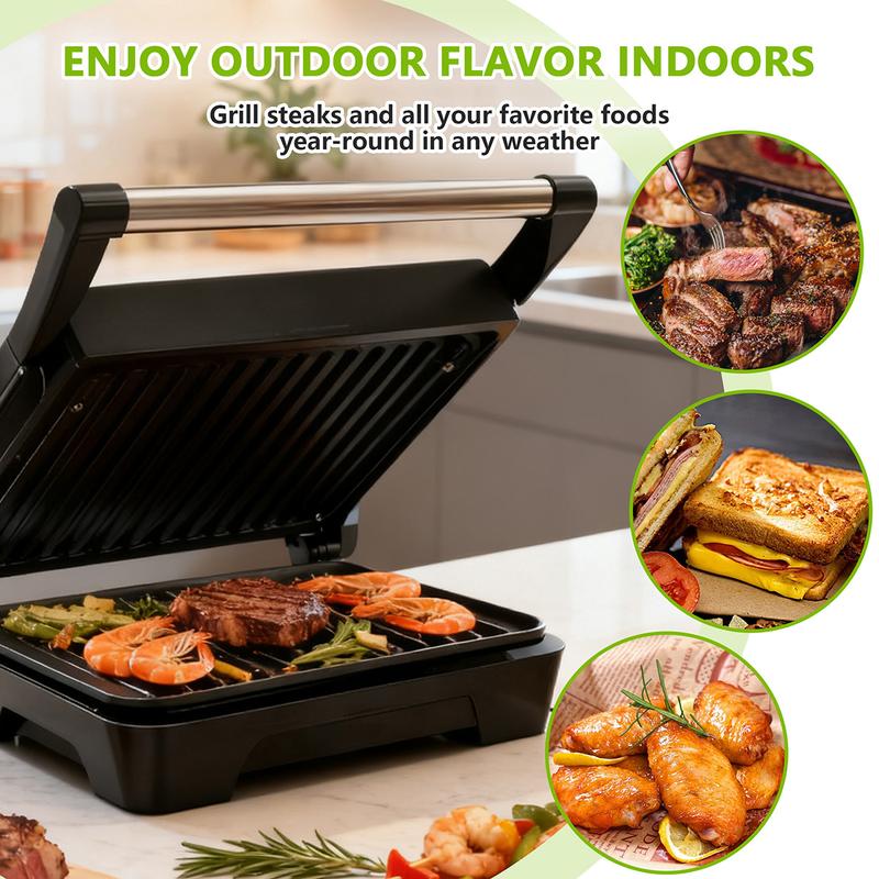 Panini Press Grill and Gourmet Sandwich Maker, equipped with non-stick coated plates, can open 180 degrees, suitable for grilling steaks, burgers and sandwiches, and the body color is black