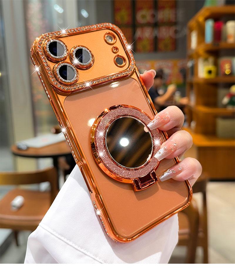 Phone Case with Mirror & Stand for iPhone 12/13/14/15/16/17 Pro Max,17Air,14/15/16 Plus. Features a shiny frame, high-definition transparent material, and full-body drop-resistant design.