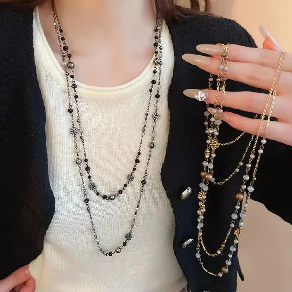 Bohemian Double-layer Flower Necklace Long Beaded Sweater Chain Y2K Style Stackable Geometric Necklace