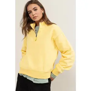 The Everyday Sweater - Yellow Casual Long Sleeve Drop Shoulder Sweatshirt with Drawstring & Side Pockets for Women