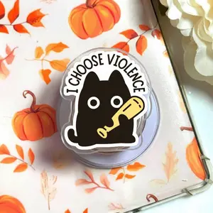 I Choose Violence Funny Black Cat Phone Grip | Cute Edgy Kitten Cell Phone Holder | Sassy Animal Phone Stand Accessory | Minimalist Aesthetic Gift for Cat Lovers
