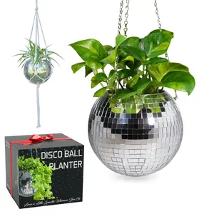 SCANDINORDICA Disco Ball Planter with Chain, Macrame Hanger & Acrylic Stand, Self-Watering Insert, Available in 6" & 8" Widths