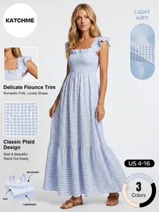 Katch Me Chic Women's Vibrant Square Neck Flounce Plaid Skin-Friendly Maxi Dress, Summer Flexible Breathable Ruched Holiday Dresses, Lightweight Quick-Drying Daily Outfit
