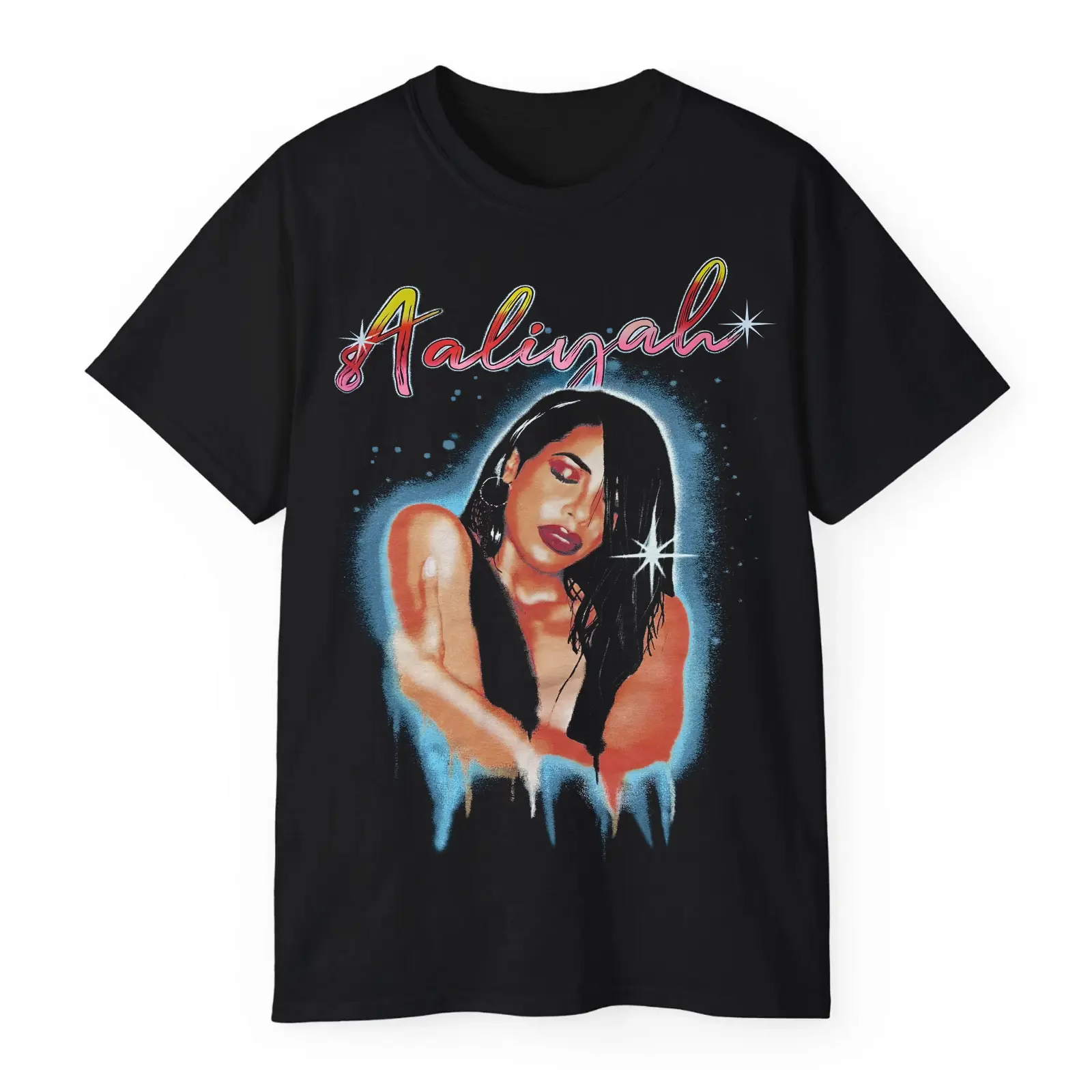 Aaliyah Graffiti Neon Airbrush Graphic T-Shirt – Retro Music Icon Graphic Tee Vintage Style