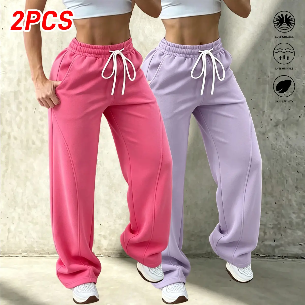 Women’s spring/winter trendy versatile long pants, made from comfortable cotton fabric, loose straight-leg casual design, elastic drawstring waist, two side pockets – machine washable
