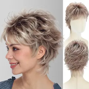 Short Pixie Wig for White Women – Medium Golden Brown Curly Synthetic Wig with Bangs, Glueless Heat-Resistant Protein Fiber, Natural Look, New Cap Design for Daily U