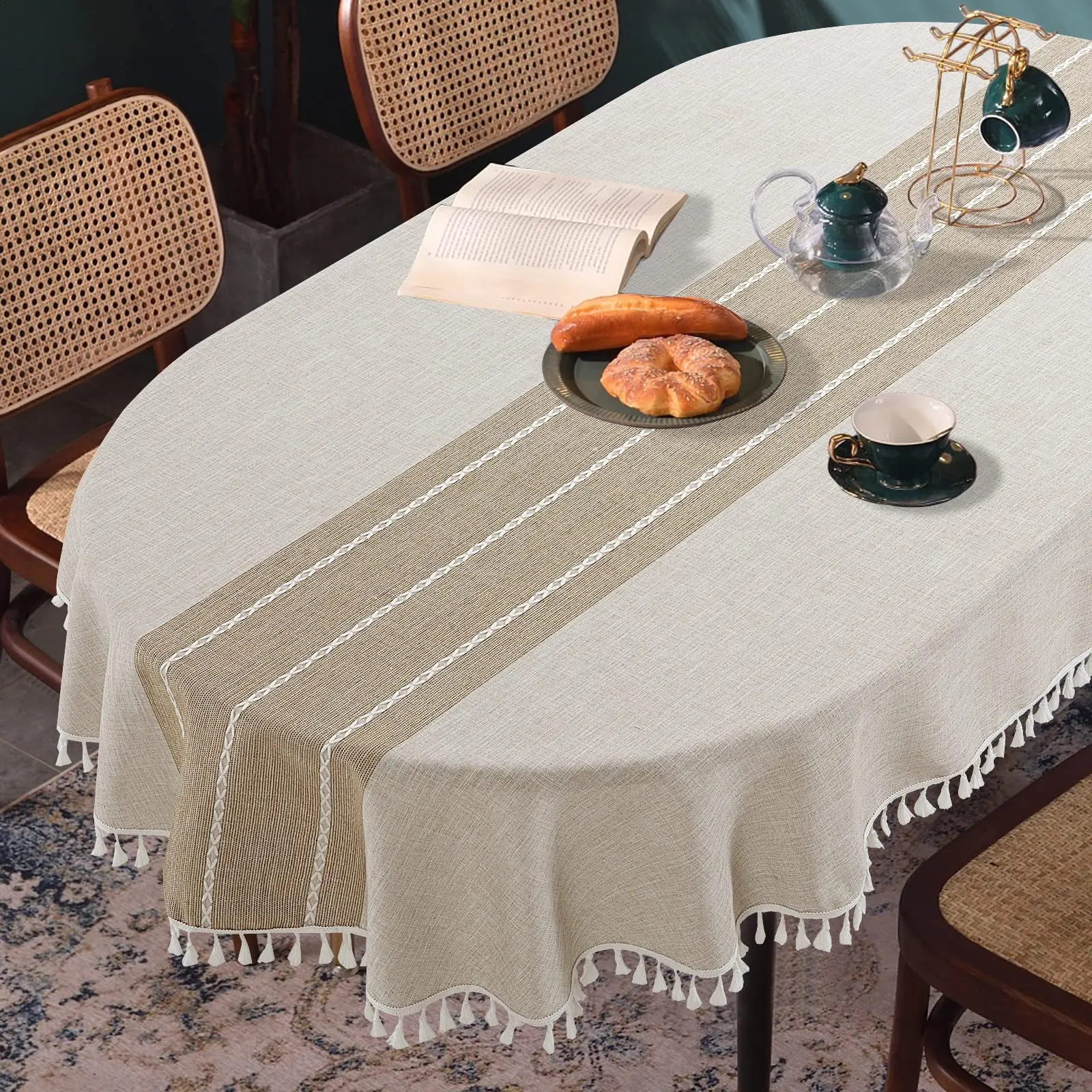 HOMBYS Boho Embroidered Oval Tablecloth with Tassels – Elegant Wrinkle Free Table Cover for Kitchen & Dining Table Decor -- picnic