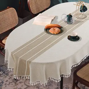 HOMBYS Boho Embroidered Oval Tablecloth with Tassels – Elegant Wrinkle Free Table Cover for Kitchen & Dining Table Decor