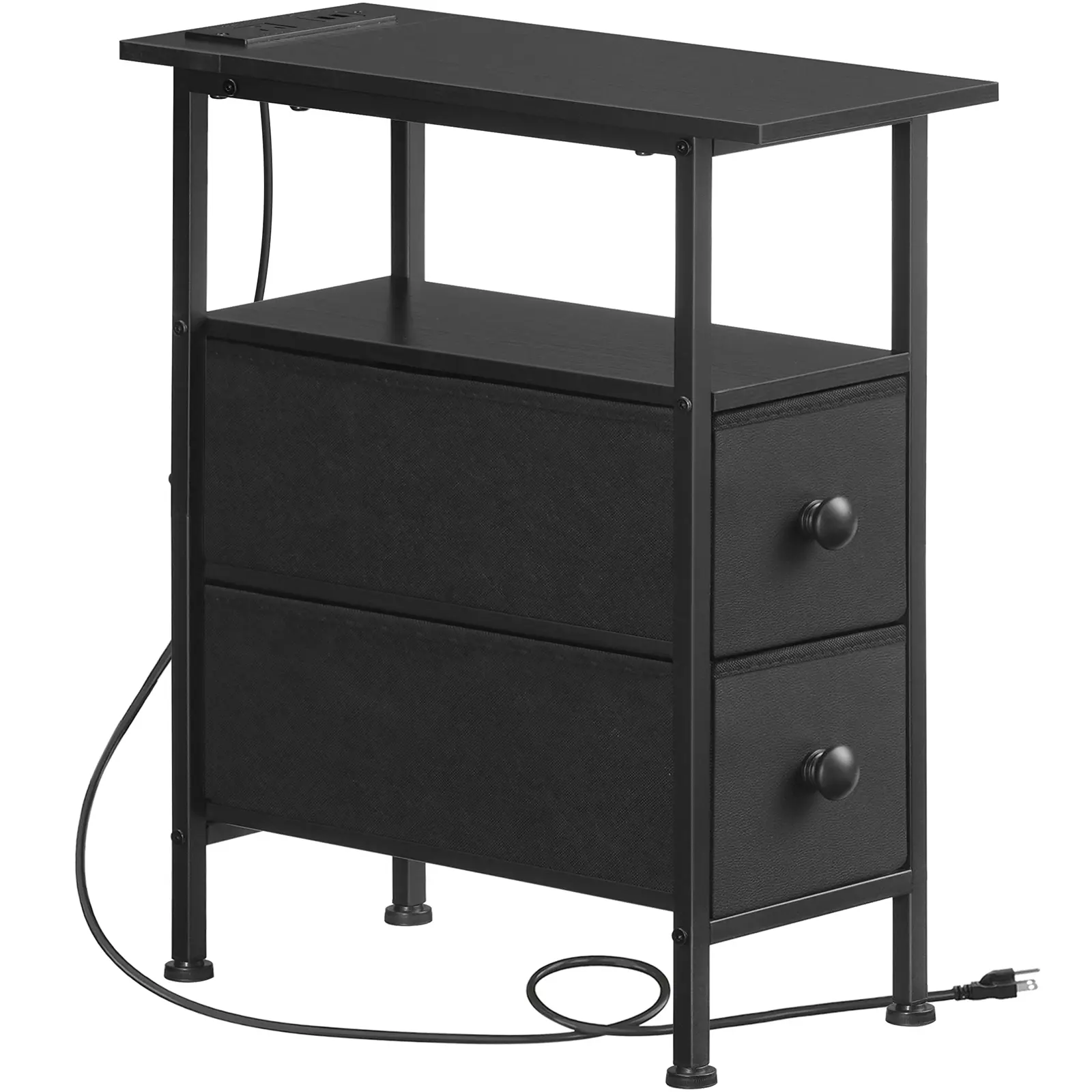 HOOBRO Slim Charging Station End Table - Compact Space-Saving Indoor Furniture with 2 Fabric Hidden Drawers, 1 AC Outlet, Adjustable ft, Casual Home Decor for Bedrooms Small Spaces Organization