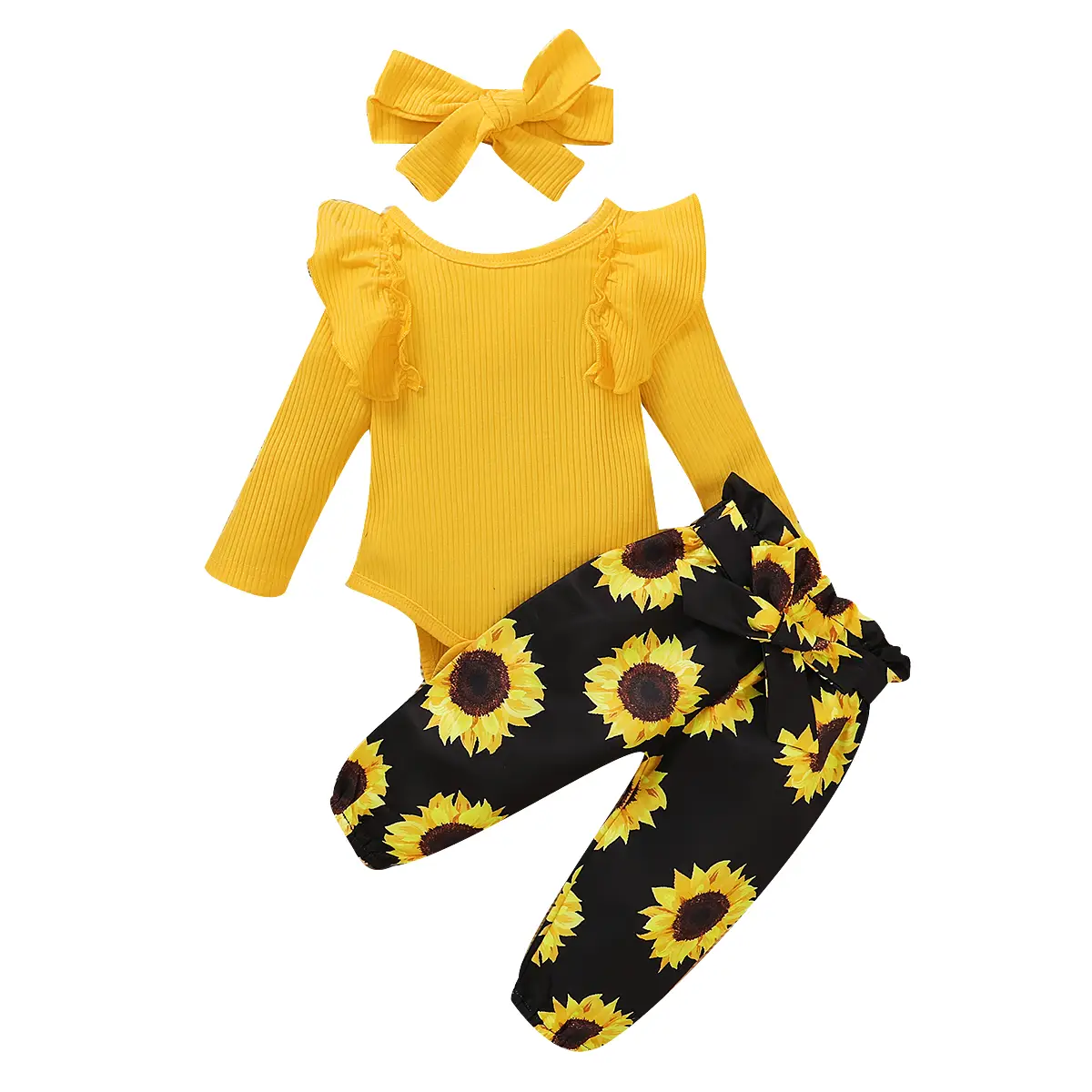 3 Pcs Baby Girls Outfits Casual Clothes Ribbed Knit Round Neck Ruffle Long Sleeve Romper Sunflower Print Pants with Bow Headband Infant Newborn Girl F