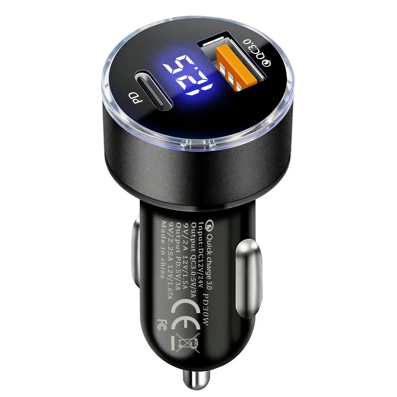 30W PD QC3.0 Double-Port Car Outlet Adapter - USB Type-A Vehicle Accessory with LED Voltage Display, Dual USB Ports Keep 2 Devices Ready for Universal On-The-Go Phone Charging