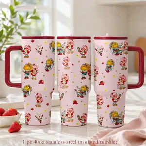 1 Pc 40oz insulated mug, vintage cartoon strawberry print vacuum cup Flasks, double wall thermal mug, leak proof with handle and lid, for hot cold drinks, keep hot 12h cold 24h, cute summer drink tumbler, beach picnic travel gift for women girls