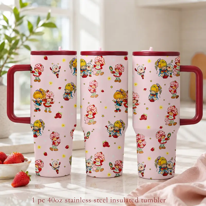 40 Oz Insulated Strawberry Print Tumbler, Double-Wall Vacuum Leak-Proof Portable Travel Mug with Handle and Lid, Keeps Drinks Hot 12H Cold 24H, Summer Drink Cup for Beach Picnic, Ideal Gift for Women and Girls, Insulated Tumblers