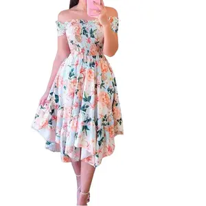 2025 Off-Shoulder Irregular Digital Print Midi Dress