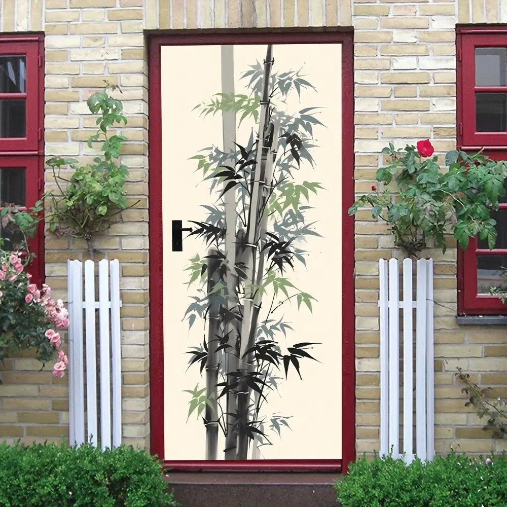 2 Chinese Style Ink Painting Bamboo Door Stickers Self Adhesive Removable Waterproof Wall Decals for Living Room Bedroom Home Decor Modern Minimalist Wall Art PVC Eco Friendly Decorative Stickers