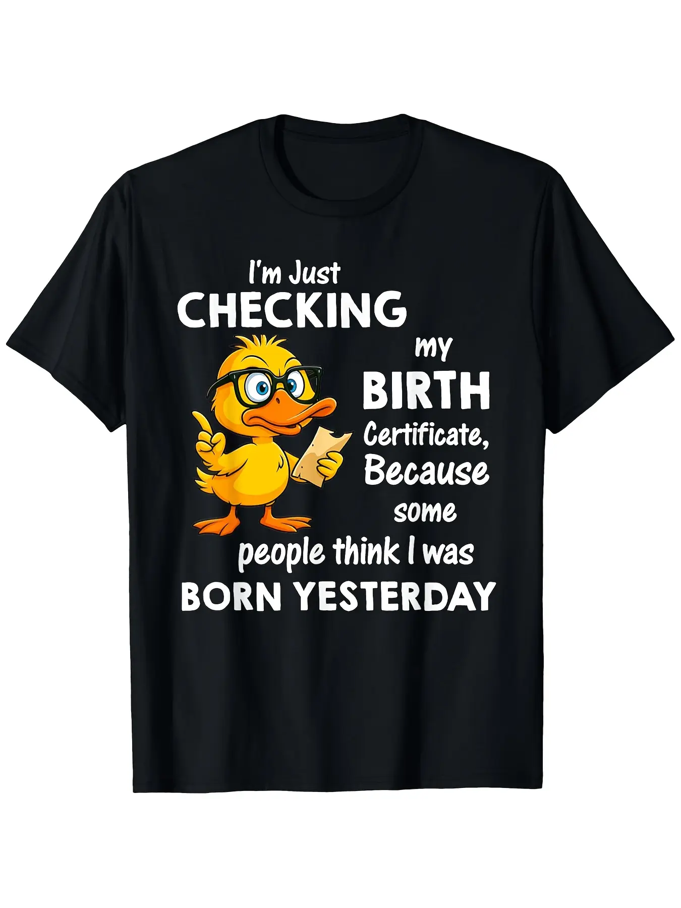 Men's Short-Sleeve Round Neck Soft Menswear Top - "Born Yesterday" Funny Sarcastic Duck Design, Iconic Phrase, Breathable Fabric, Casual Everyday Wear, Shortsleeve, Tshirt, Cartoon Style, Funny Shirts, Relaxed Fit, Casual Fit