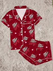 Women's Valentine Heart Pattern Pajama Set, Comfortable Two-Piece Sleepwear, Short Sleeve Lapel Button Top & Elastic Shorts, Casual Home Wear