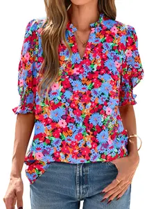 BTFBM Summer Blouses for Women Dressy Casual 2026 Spring Floral Boho Shirts V Neck Puff Short Sleeve Business Work Tops