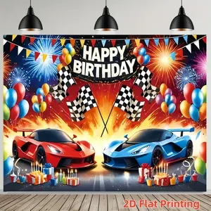 2D Flat Banner Tapestry, Birthday Decoration Banner, Cartoon Racing Theme, Party Decor, Blue Race Car Balloon Banner, Indoor Outdoor, Happy Birthday