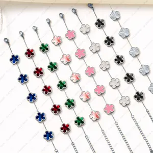 Silver Clover Leaf Bracelet Galeuneon Adjustable Colorful Flower Stainless Steal Link Bracelet Women's Jewelry Gift Unique Design