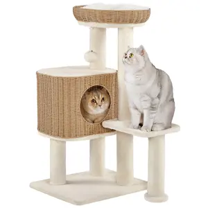 Yaheetech 36″ Rattan Cat Tree with Natural Sisal Scratching Post, Woven Cat House with Soft Cushion, Modern Cat Furniture with Hanging Ball, Condo, Basket