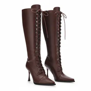 LUNETTA Stiletto Heel Lace Up Knee High Boots for Women with Pointed Toe & Side Zipper Perfect for Party Casual & Evening Outfits - Footwear
