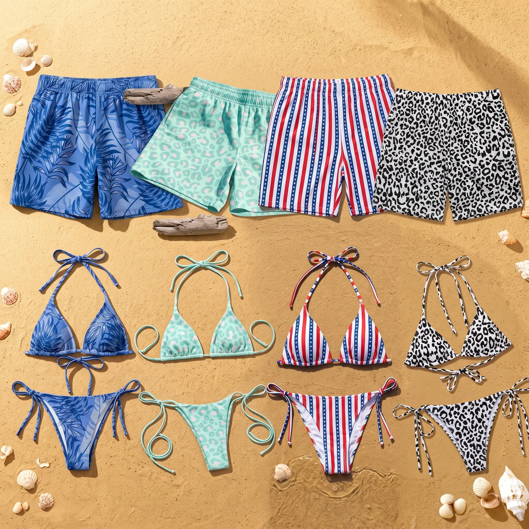 Printed Bikini and Swim Trunks Set, Tropical Leaf Leopard and Patriotic Swimwear, His and Hers Beach Vacation Outfits, Summer Pool Party Swimsuits, Coordinated Beachwear Gift for Boyfriend Girlfriend