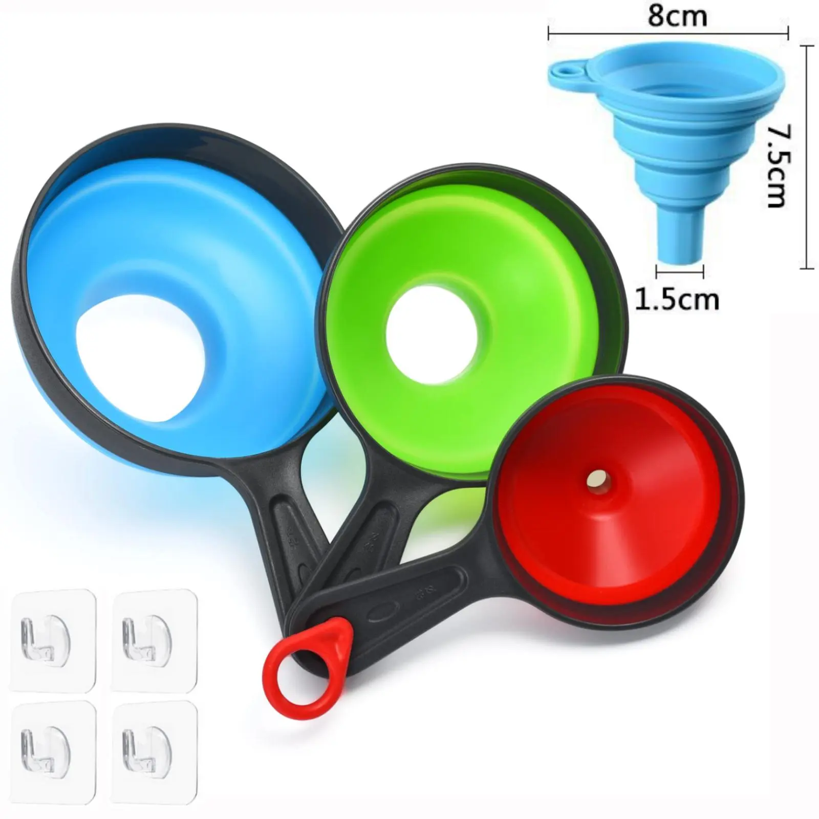 4 Packs Food Grade Silicone Collapsible Filter Set with 4Pcs Hooks, Funnels for Filling Bottles, Wide Mouth Canning Funnel for Kitchen Use Mason Jars, Small Funnel for Transfer Liquid, Oil and Powder