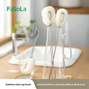 FaSoLa long-handled stainless steel cup brush, cup cleaning tool, long-handled cleaning brush, sponge brush, tea stain and baby bottle cleaning brush