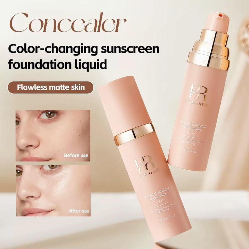 Color‑changing sunscreen foundation; matte, waterproof finish; lightweight, smooth texture; buildable coverage for contouring and concealing imperfections; warm‑toned color‑changing foundation that brightens the complexion; long‑lasting wear; can cover da