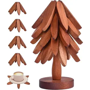 Christmas Tree - Wooden Trivets for Hot Dishes, Tree Shape Set - 5 Walnut Wood Trivets + 1 Stand (8.8 Inches)