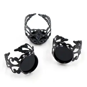 12mm 10pcs Black  Plated Brass Adjustable Ring Settings Blank/Base,Fit 12mm Glass Cabochons,Buttons;Ring Bezels -J3-40