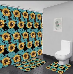 Turquoise Sunflower Cow Print Bathroom Decor Set, 1 Set Including Shower Curtain, Toilet U-Shaped Mat & Rectangular Mat, Bathroom Accessories