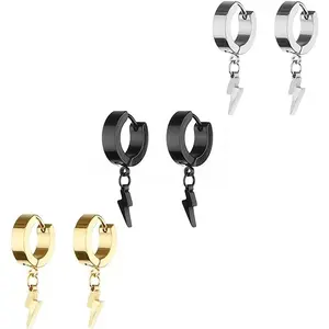 Unisex Punk Hip Hop Stainless Steel Silver Black Gold Tone Lock Leaf Thunder Lightning Bolt Dangle Huggie Hoop Earrings Gift for Women Men Boy Teens