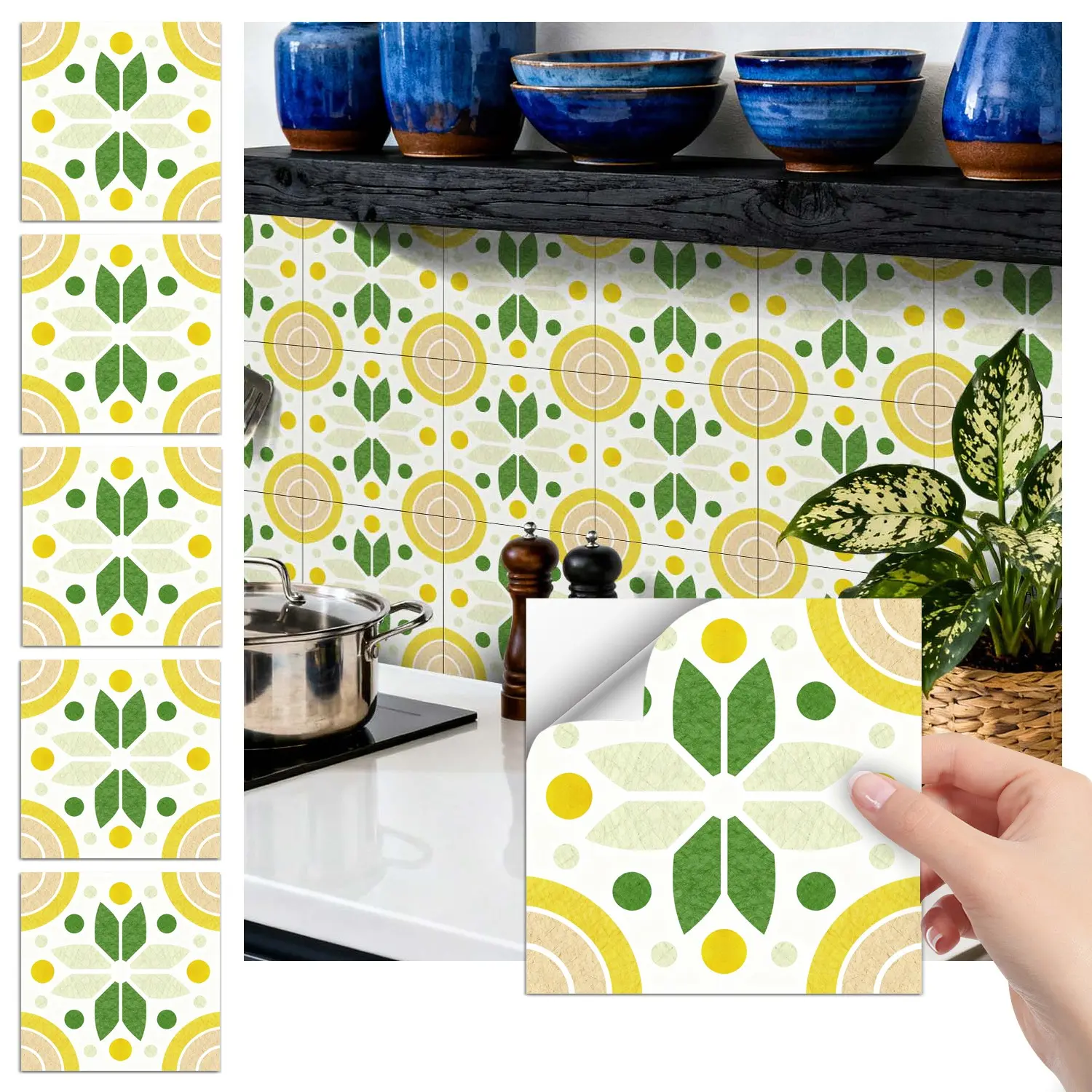 24PCS/Box FHZ Yellow-Green Retro Geometric Art Tile Sticker | Matte PET Peel-and-Stick | Vibrant Waterproof Kitchen Backsplash