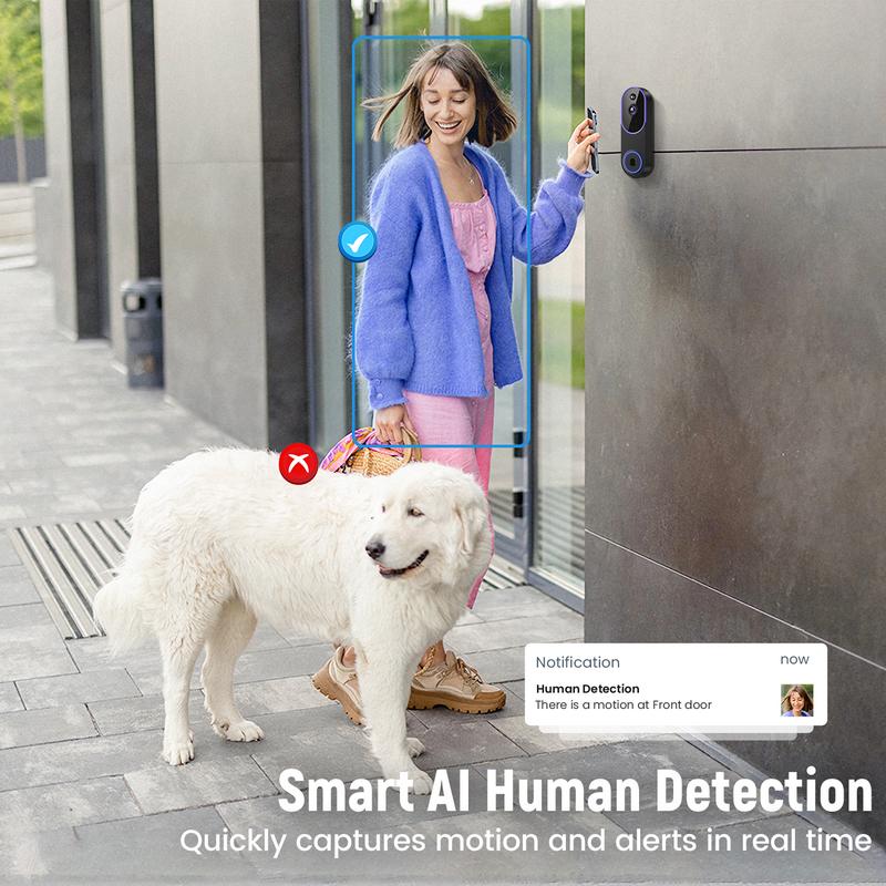 1080P Wireless Video Doorbell Camera, Smart AI Human Detection, FHD Live View, Cloud Storage, Night Vision, Two Way Audio, Instant Alert, 2.4G WiFi Only, Indoor/Outdoor Surveillance Cam for Home Security System