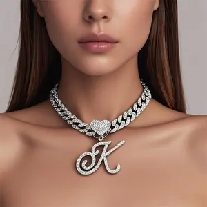 1 Initial Necklace for Men and Women Silver Cuban Chain Ice Rhinestone Necklace with heart letter pendant Hip Hop Jewelry gift