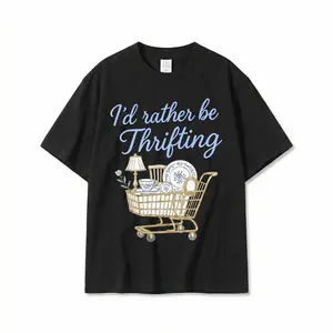 Women's Graphic T-Shirt - Unisex "I'd Rather Be Thrifting" Shortsleeve Crew Neck Cotton Top, Vintage Shopping Cart Print, Retro Lover Gift, Funny Hobby Wear, Cottagecore Aesthetic, All-Season Casual Tee, Graphic T Shirts