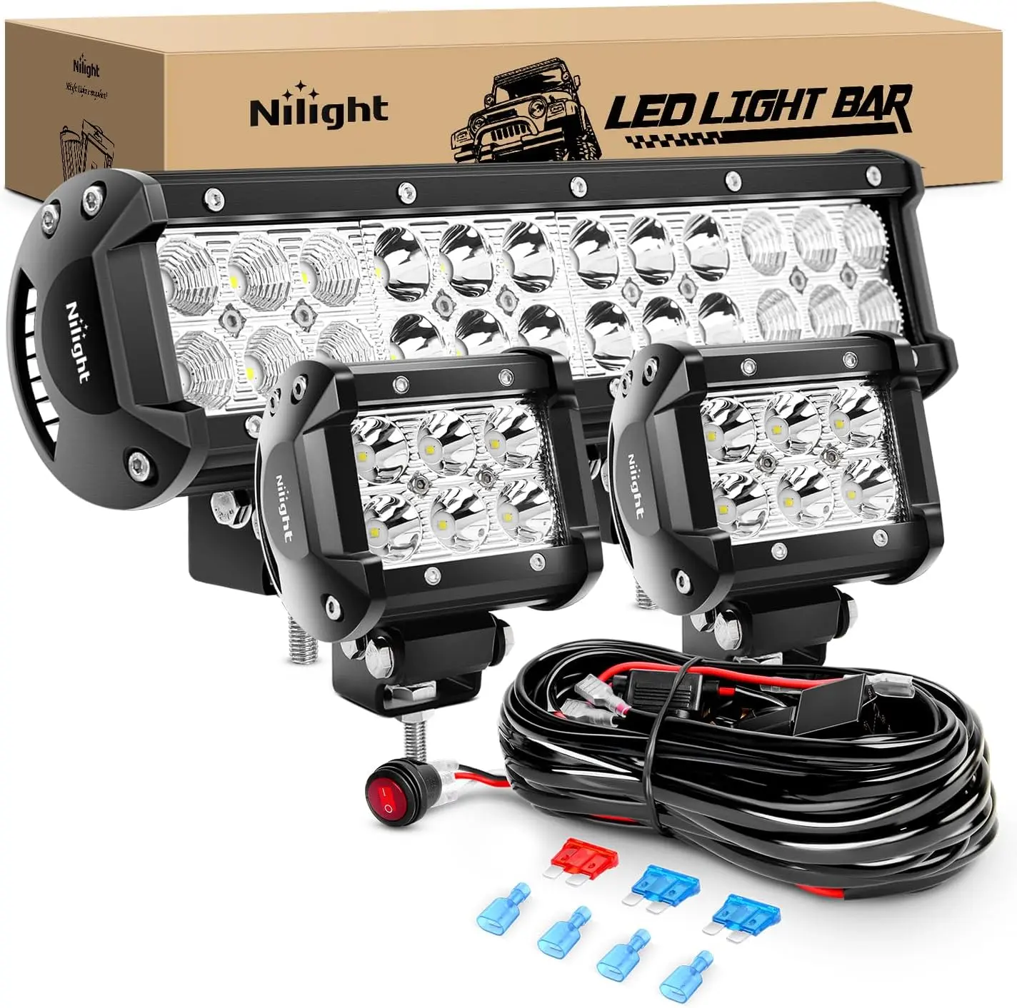 Nilight ZH016 12-Inch 72W Spot Combo Bar & 2PCS 4-Inch 18W Flood Fog Lights with Off-Road 2-Lead Wiring Harness - Super Bright Super Slim Dual-Pieces Off-Road Compatible Car LED Auxiliary Lights, Car Led Lights,car accessories