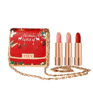 Velvet Texture Matte Intensely Pigmented Lipstick Set, Long-Lasting Waterproof And Smudge-Proof Retractable Red Lipstick Set With Silvery Chain Bag, A Christmas Gift For Friends And Mom