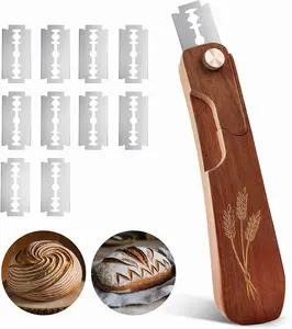 Wooden Bread Lame Dough Scoring Tool, Handcrafted Bread Scoring Tool for Sourdough Bread Baking, Upgraded Sourdough Scoring Tool With Screw Lock & 10 Razor Blades(Reddish Brown)