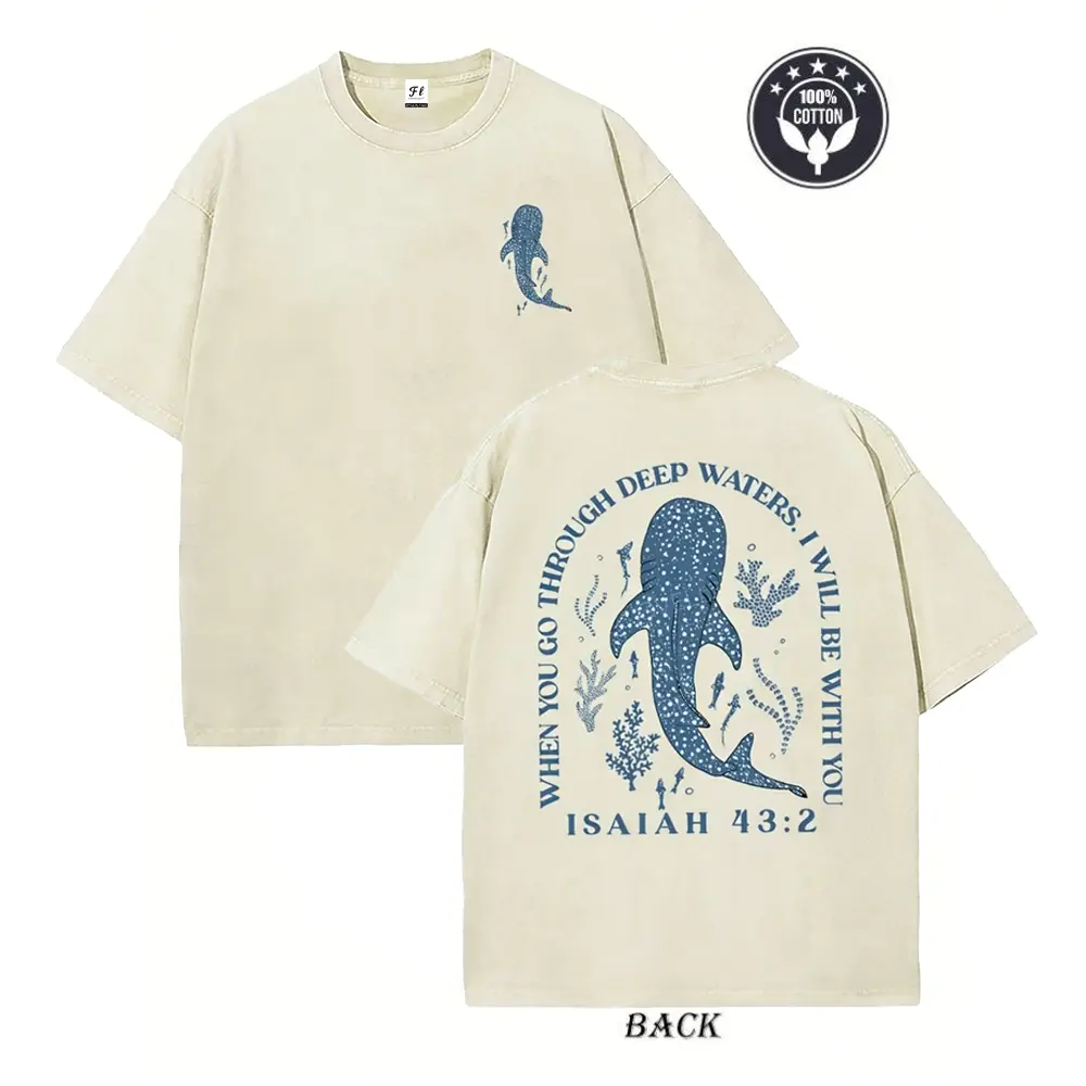 When You Go Through Deep Waters Isaiah 43:2 Whale Shark Graphic T-Shirt,Cotton Retro Washed Christian Tee,back to school,back to school shopping