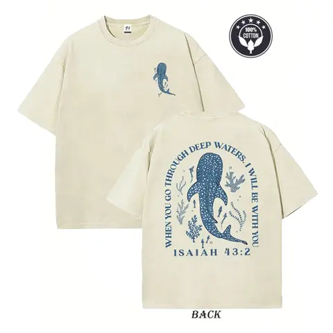When You Go Through Deep Waters Isaiah 43:2 Whale Shark Graphic T-Shirt,Cotton Retro Washed Christian Tee,back to school,back to school shopping