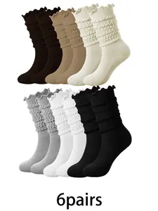 6pairs of Maillard retro rolled edge pile socks are fashionable, comfortable, breathable, and casual knitted socks suitable for women's sports, attendance, and home wear Casual daily socks