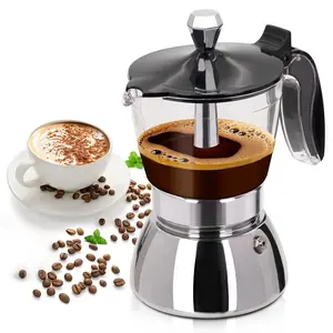 Clear Plastic Moka Pot 6 Cup 300ml Stainless Steel Coffee Maker Uncoated Stovetop Espresso Coffeemaker Italian Classic Style Brewing Greca Cafe Mocha Machine For Cafeteras Camping Travel Home Use