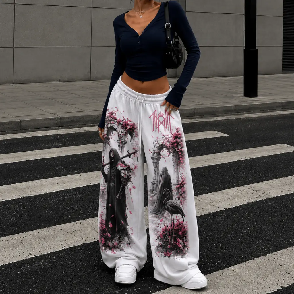 Sleep TK Loose Sweatpants, Gothic Black Pink Graphic Wide Leg Pants, Dark Fantasy Streetwear Unisex
