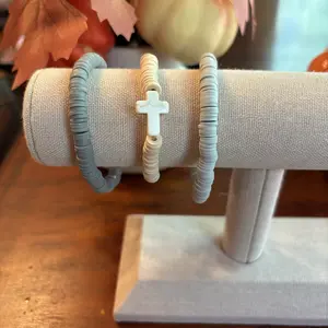 Tan and Gray Cross Beaded Bracelet Stack