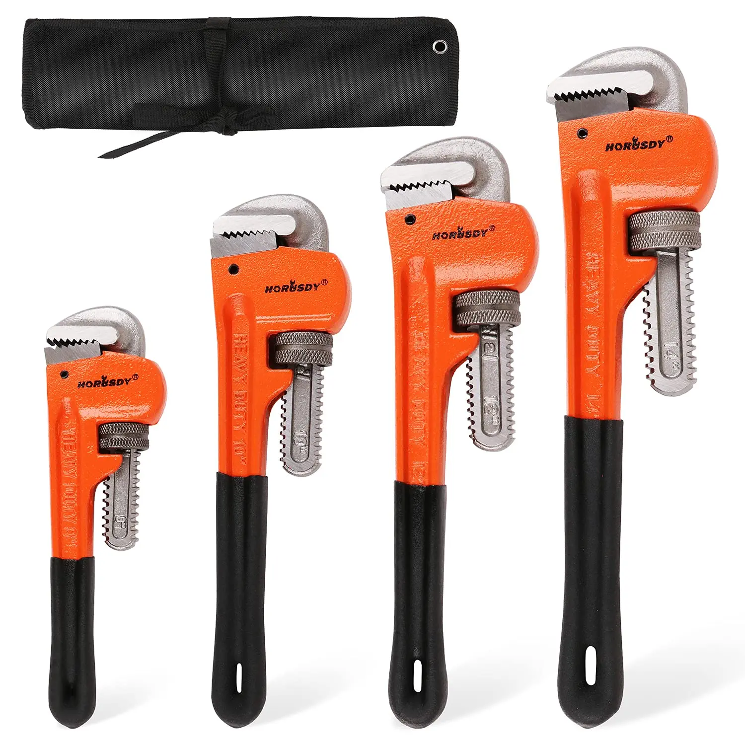 HORUSDY Heavy Duty Adjustable Pipe Wrench Set (4-Pack: 8",10",12",14") with Soft Grip, Storage Bag & Combination Wrench Set – Work Tools for Plumbing Tasks, Home Repair Hack (TikTokShopBlackFriday)